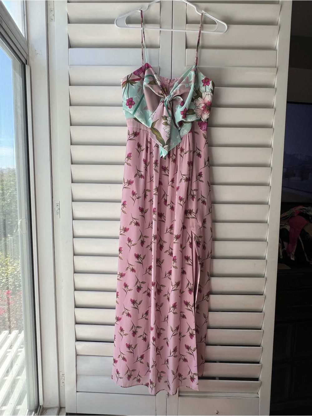 Badgley Mischka Pink Floral Maxi Dress with Aqua Bow Bodice